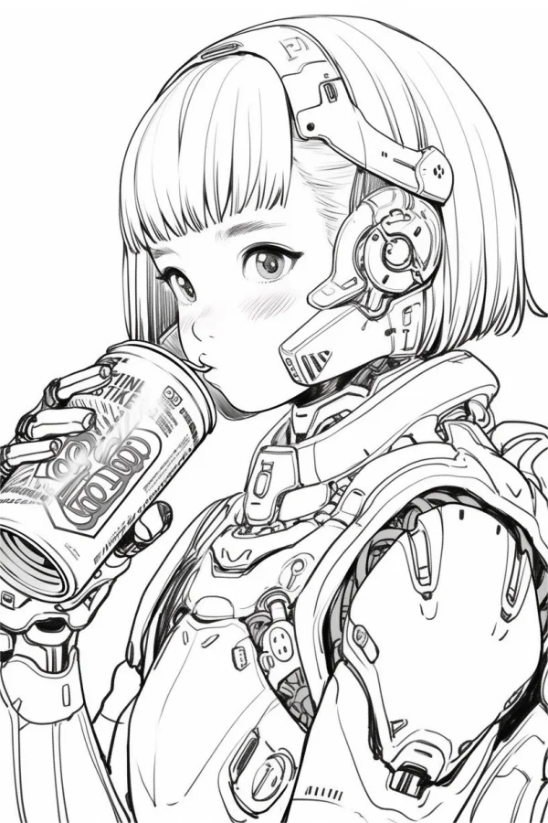 Cyberpunk cyborg girl with short bob hair, holding a soda can with text — free printable cyberpunk coloring book page