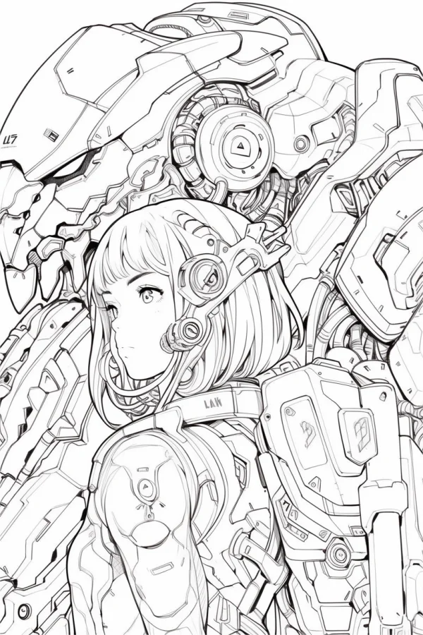 Cyberpunk girl with giant mecha, anime style — free printable cyberpunk coloring book page