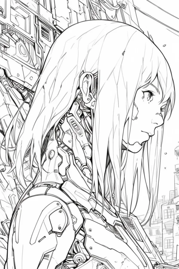 Cyberpunk cyborg girl with mechanical parts, anime style — free printable cyberpunk coloring book page