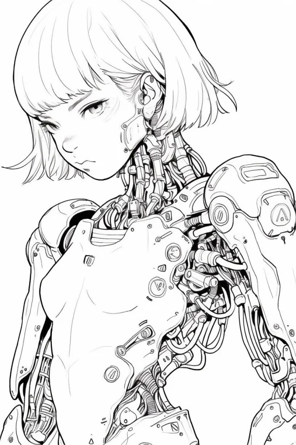Cyberpunk half-mechanical short-haired girl, anime style — free printable cyberpunk coloring book page