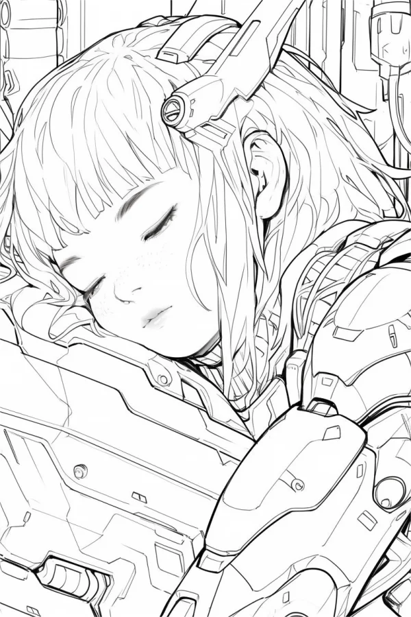 Sleeping cyberpunk girl with mechanical armor, cyberpunk anime style — free printable cyberpunk coloring book page