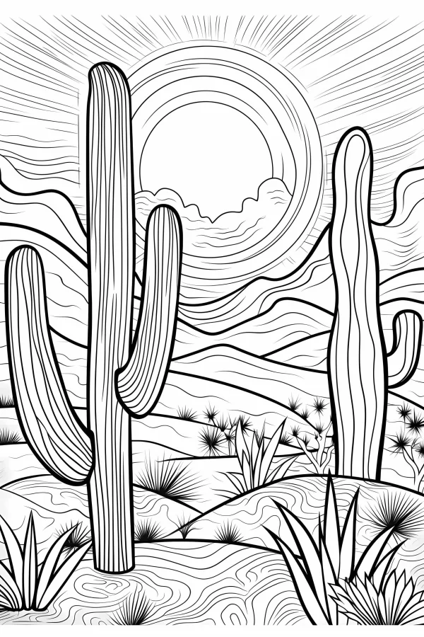 Desert landscape with giant saguaro cacti, line art style — free printable desert coloring book page