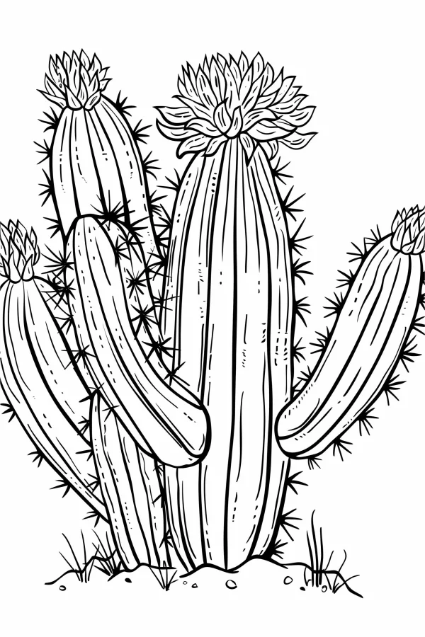 Multiple saguaro cacti with blooming flowers, desert plant theme — free printable desert coloring book page