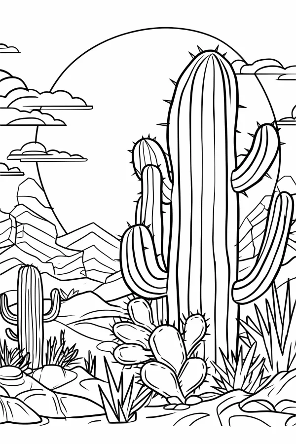 Desert cactus group, realistic sketch style — free printable desert coloring book page