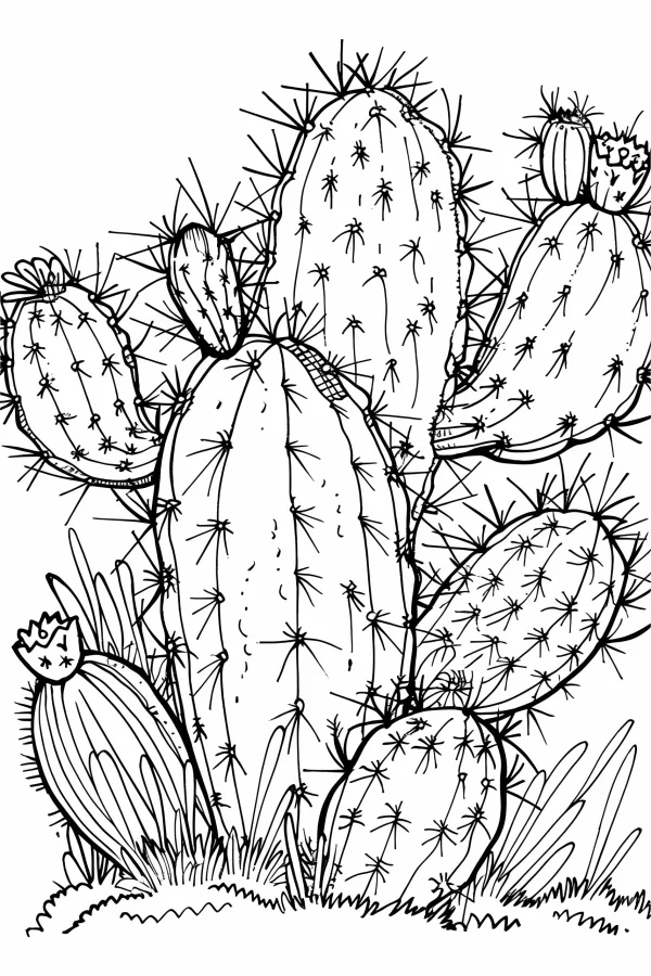 Multiple cacti including columnar and prickly pear varieties, sketch style — free printable desert coloring book page