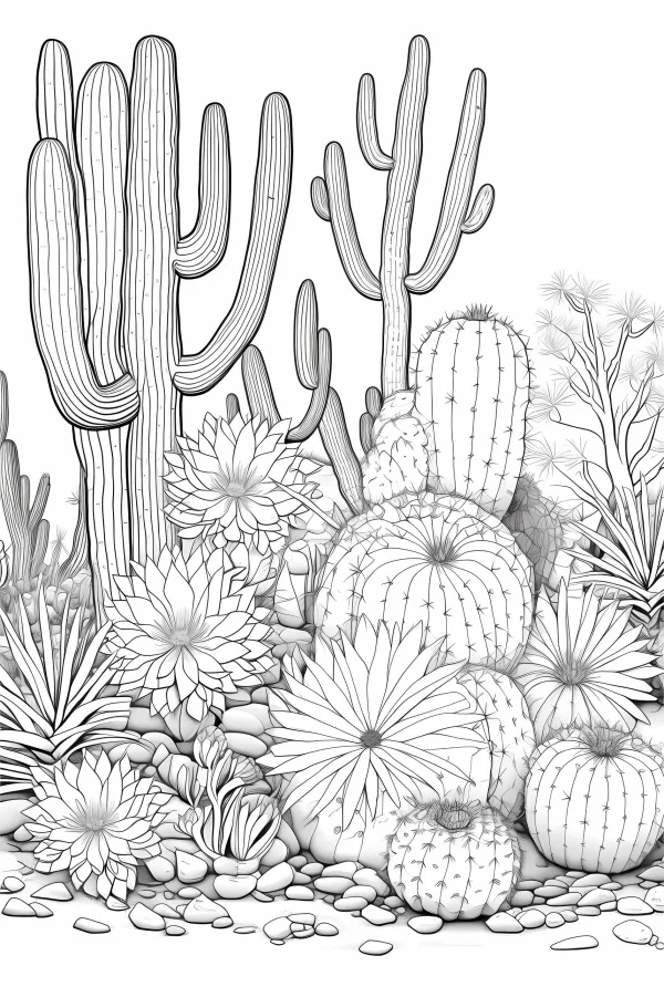 Coloring book page, desert cactus community with various columnar and round cacti — free printable desert coloring book page