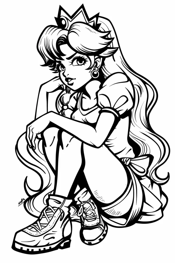 Squatting cartoon princess with long wavy hair and crown, anime cartoon style — free printable cartoon coloring book page