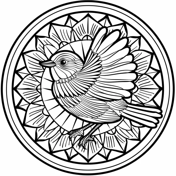 Mandala-style small bird, intricate symmetrical floral-like patterns — free printable mandala coloring book page