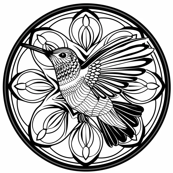 Mandala-style hummingbird, surrounded by decorative symmetrical floral and scroll patterns — free printable mandala coloring book page