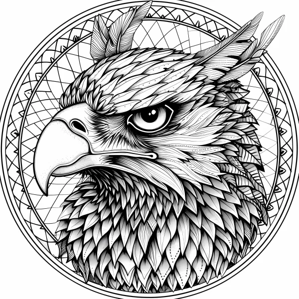 Eagle head totem, mandala symmetric style — free printable totem coloring book page