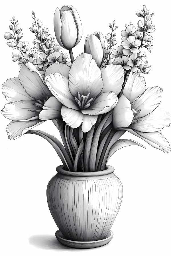 Floral arrangement in a ceramic vase, realistic sketch style — free printable still life coloring book page