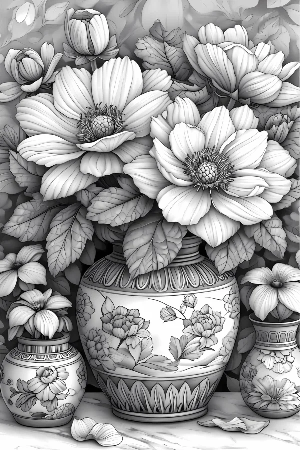 Coloring book page, still life of decorative ceramic vases with blooming large flowers — free printable still life coloring book page