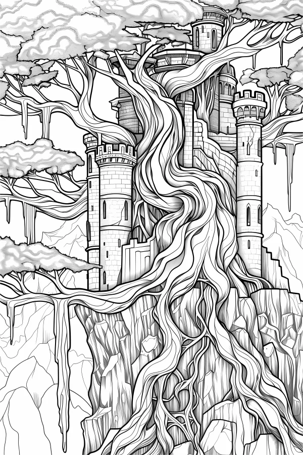 Cliff castle wrapped by giant tree vines, fantasy style — free printable castle coloring book page