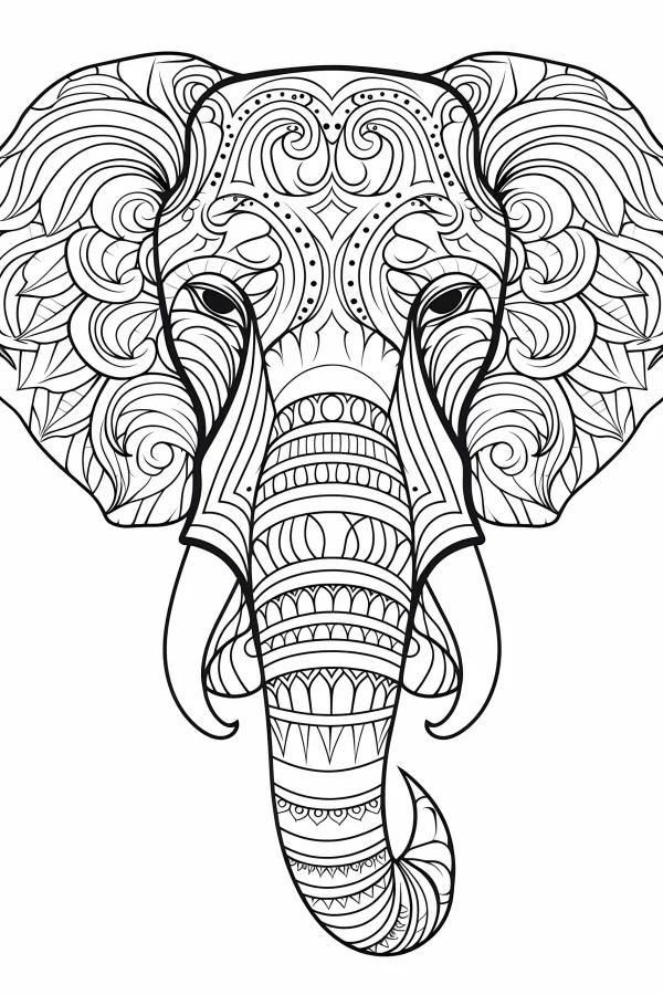 Coloring book page, mandala-style elephant head — free printable totem coloring book page