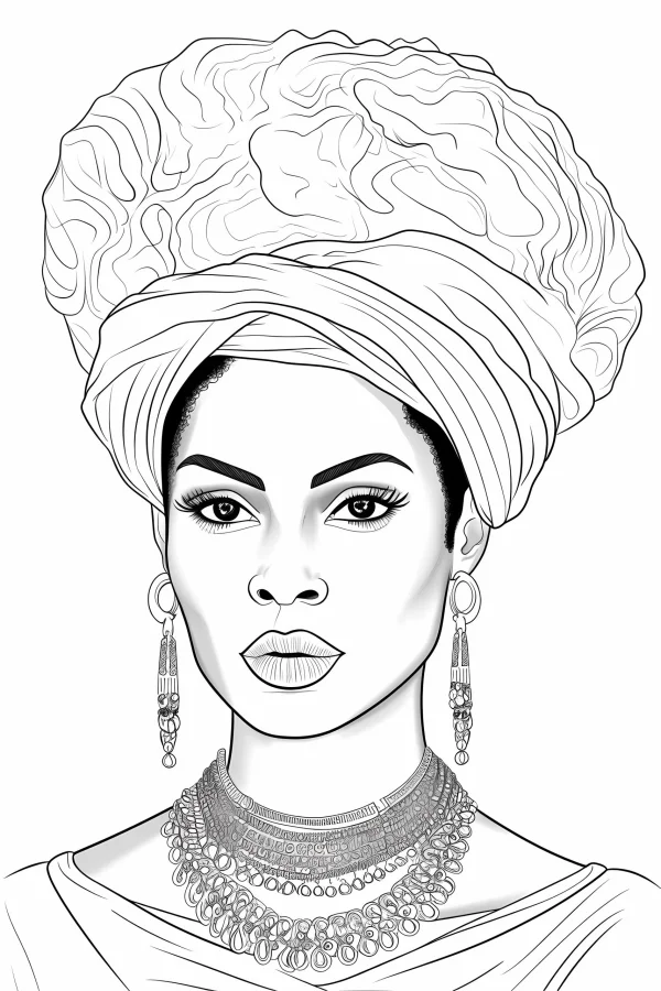 African traditional woman with ornate headwrap, realistic illustration style — free printable africa coloring book page