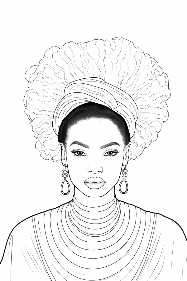 African style female portrait, realistic line art — free printable african culture coloring book page