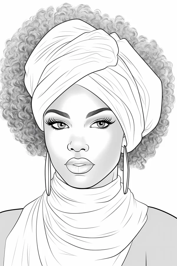 African style woman with turban, curly hair and large hoop earrings — free printable african culture coloring book page