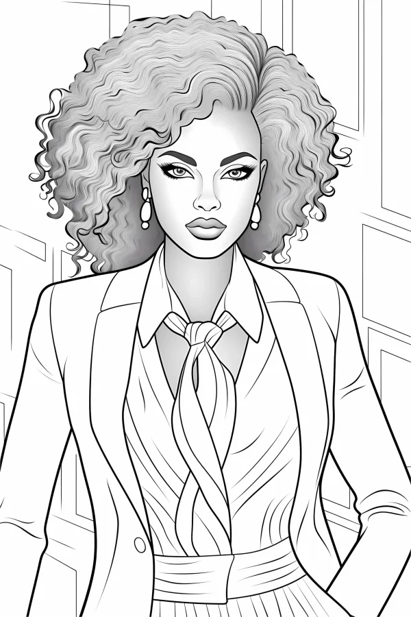 Curly-haired professional woman in business attire, realistic line art — free printable work coloring book page