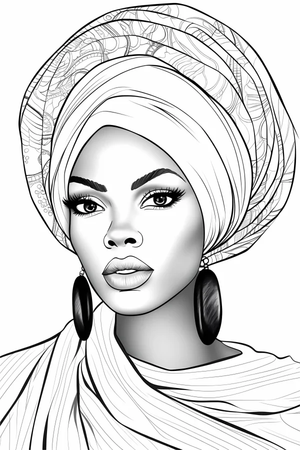 Coloring book page, african woman with turban and large hoop earrings — free printable african culture coloring book page