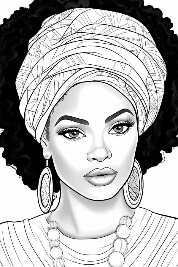 African-style woman with turban and large hoop earrings, african ethnic geometric patterns — free printable african culture coloring book page