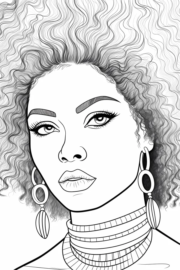 Fashionable curly-haired woman, realistic sketch line art — free printable african culture coloring book page