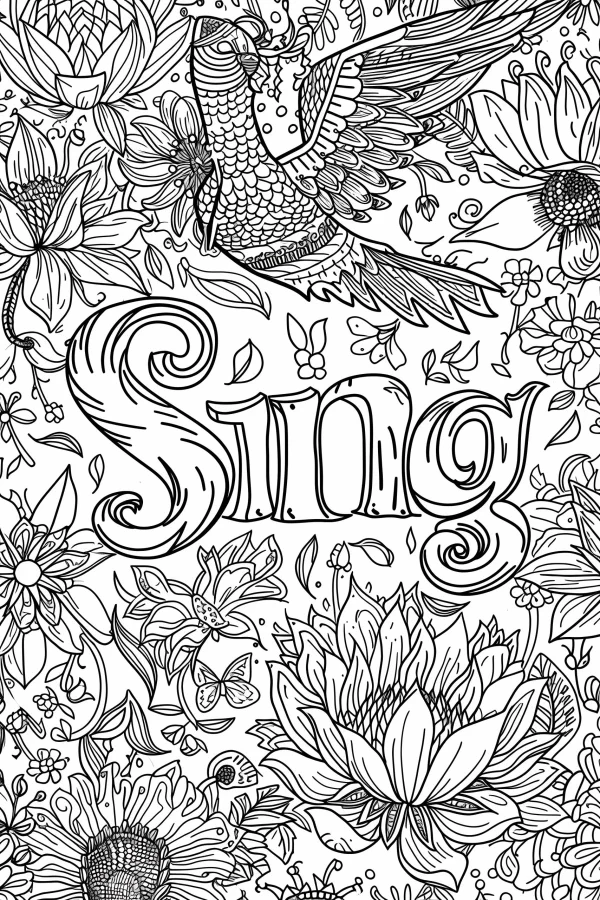 Decorative word 'sing' surrounded by birds, sunflowers — free printable birds coloring book page