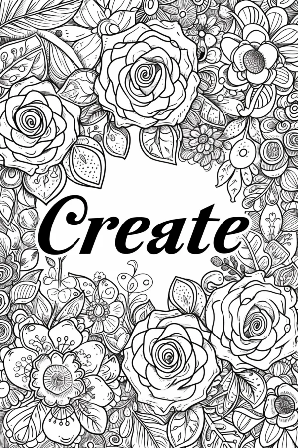 The word 'create' surrounded by intricate roses and various floral patterns, fine smooth organic outlines — free printable art creation coloring book page
