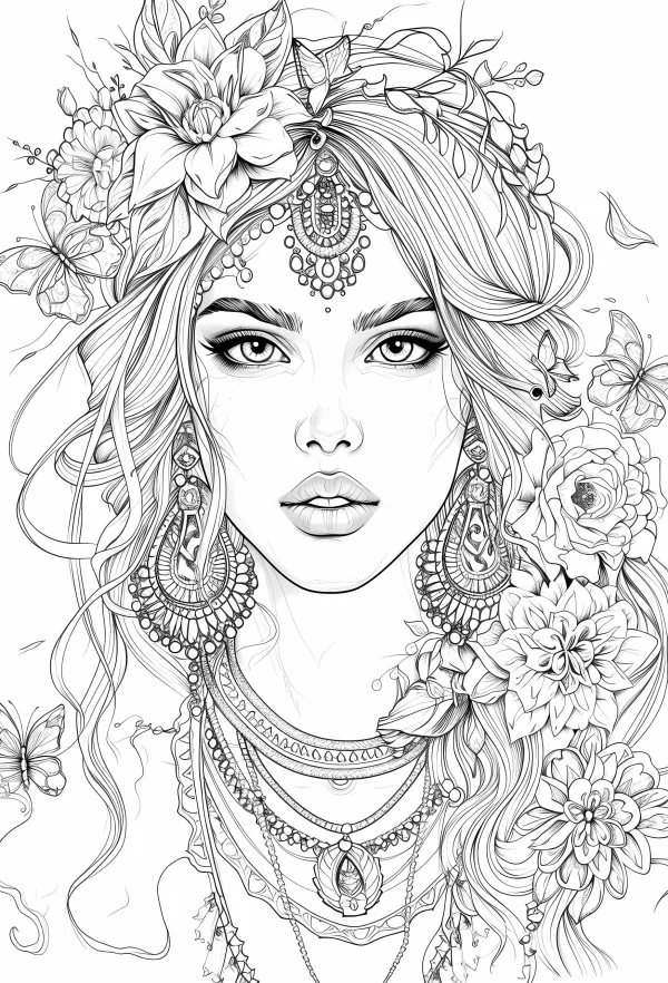 Bohemian style woman with flower crown and butterflies, realistic line art — free printable bohemian coloring book page