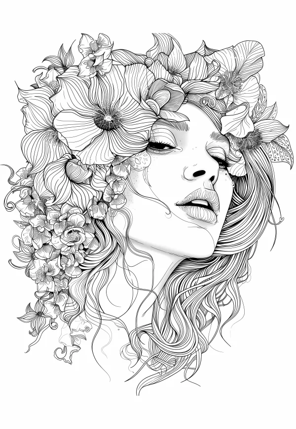 Flower-adorned long-haired girl, realistic sketch style — free printable art creation coloring book page