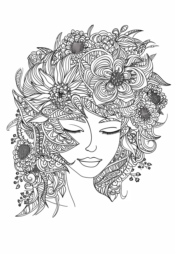 Closed-eyed woman with floral hair, zentangle art style — free printable art creation coloring book page
