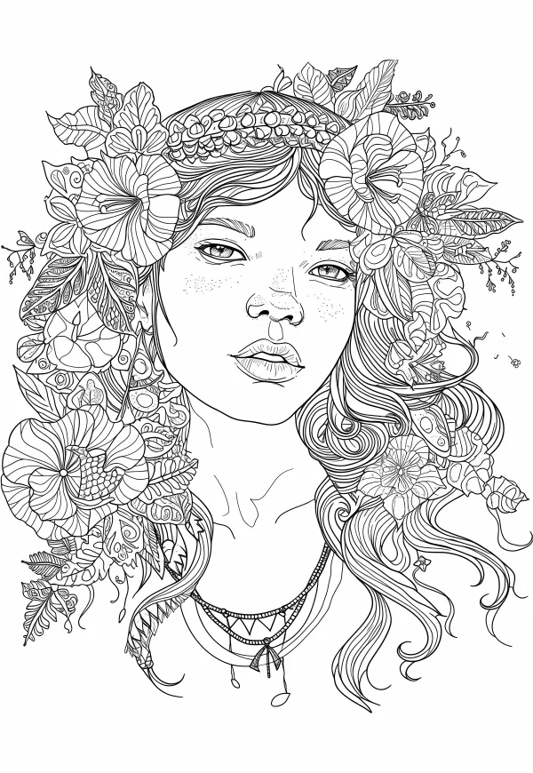 Bohemian girl with floral headdress and curly hair, bohemian style — free printable bohemian coloring book page