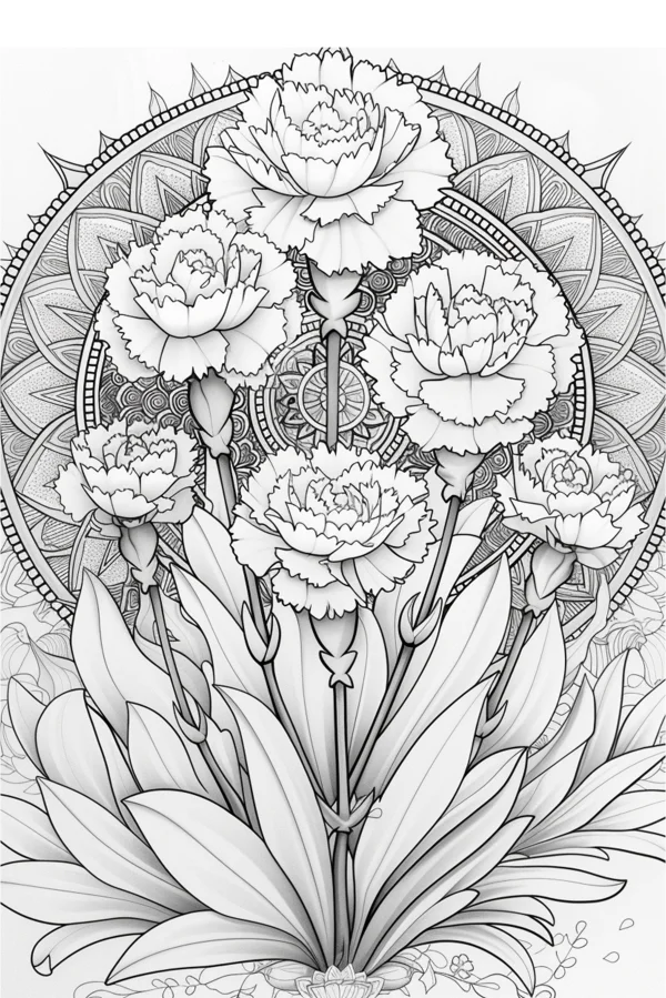 Carnations surrounded by intricate mandala patterns, art nouveau and floral illustration style — free printable mandala coloring book page