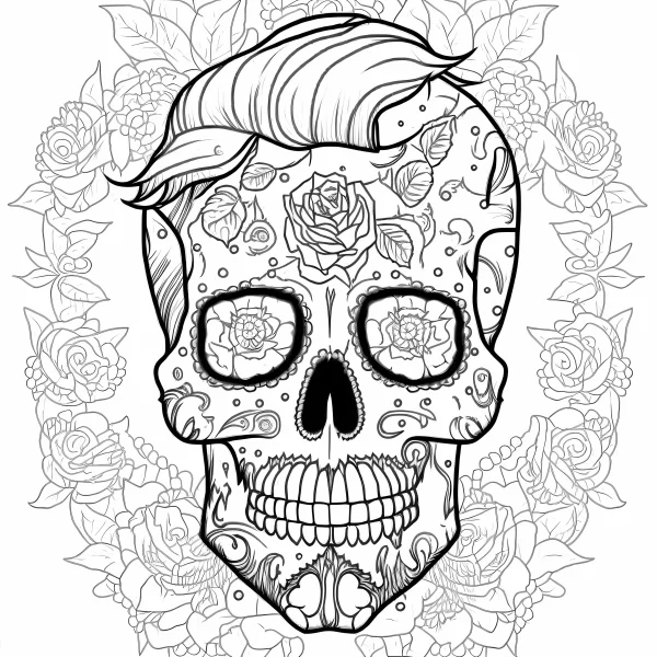 Decorative day of the dead sugar skull with styled hair, surrounded by intricate rose and floral patterns — free printable latin american culture coloring book page
