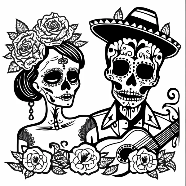 Day of the dead decorated skull couple, latin folk style — free printable latin america coloring book page