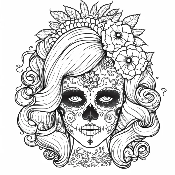 Day of the dead sugar skull girl with curly hair and floral headdress, folk art style — free printable culture coloring book page