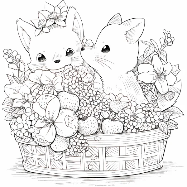 Two cute foxes in a woven basket filled with flowers and strawberries, cartoon illustration style — free printable picnic coloring book page