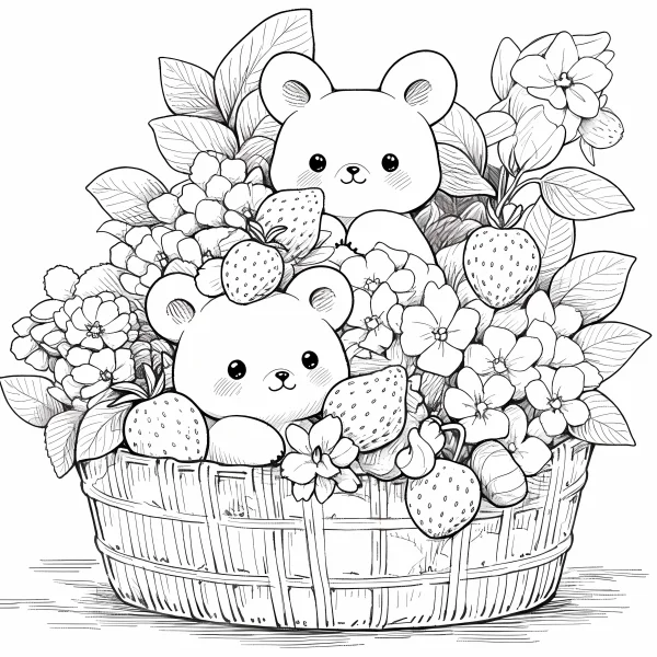 Cute teddy bears in a woven basket with strawberries and flowers, cartoon style — free printable cute coloring book page