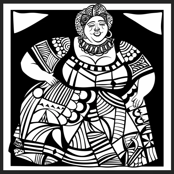 Black and white graphic art with solid black fills, cubist style plump woman with curly hair and hoop earrings — free printable abstract art coloring book page