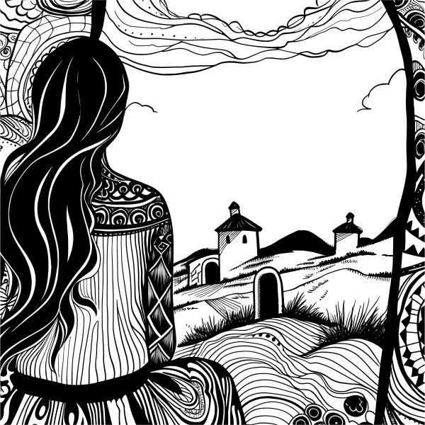 Back view of a girl in ethnic clothing, rural landscape with cottages and hills — free printable cultural theme coloring book page