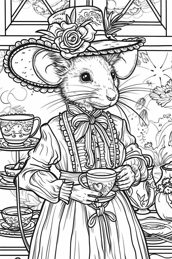 Anthropomorphic lady mouse in vintage dress and wide-brimmed hat with rose decoration holding a teacup, fairy tale cartoon style — free printable afternoon tea coloring book page
