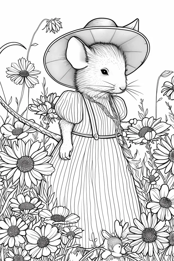 Anthropomorphic mouse wearing dress and wide-brimmed hat, surrounded by daisies and wild plants — free printable pastoral coloring book page