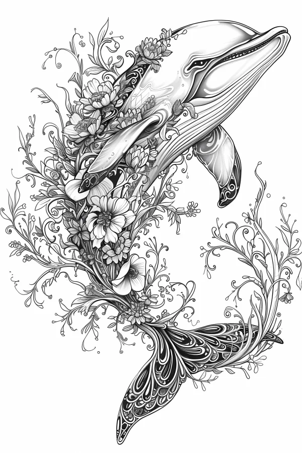 Decorative whale surrounded by flowers and vines, art nouveau decorative style — free printable animal theme coloring book page
