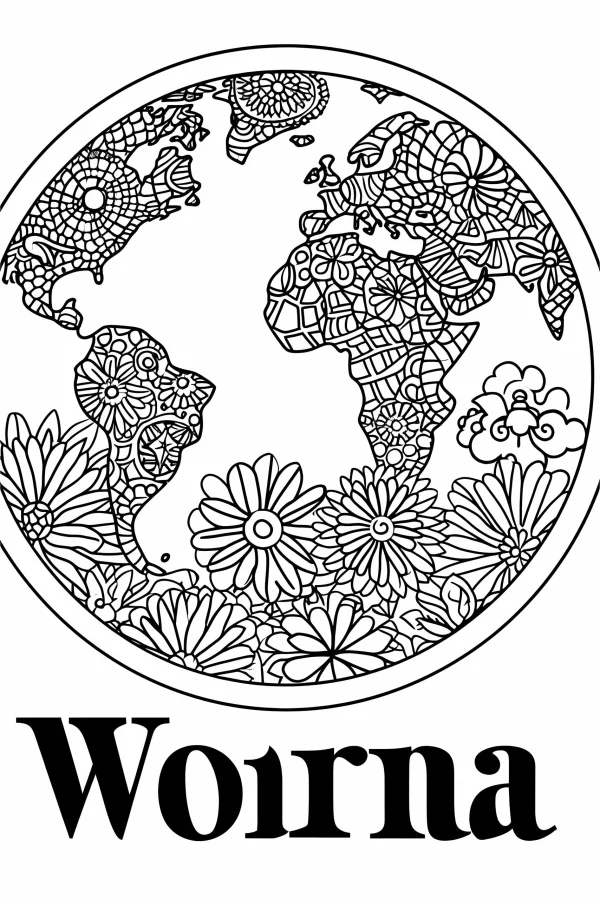 Zentangle-style earth with various flowers, intricate zentangle patterns on each continent — free printable environmental coloring book page