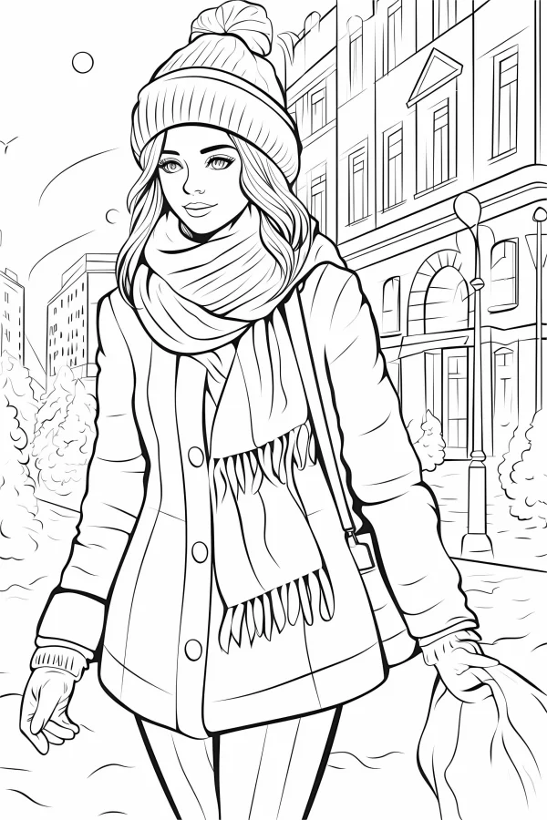 Stylish girl in winter urban scene, cartoon style — free printable city life coloring book page