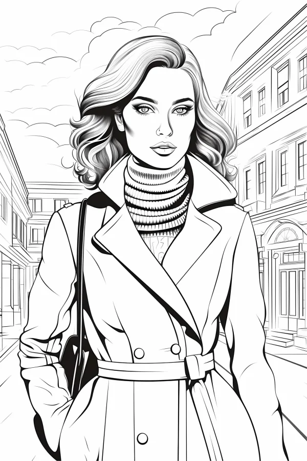 Elegant urban fashionable woman with curly hair, wearing trench coat and striped turtleneck sweater — free printable urban life coloring book page