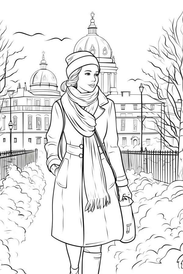 Stylish urban woman in long coat, scarf and knit hat — free printable city life coloring book page