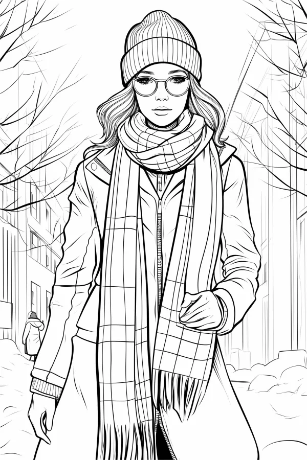 Winter city girl with glasses, knitted hat and plaid scarf — free printable city life coloring book page