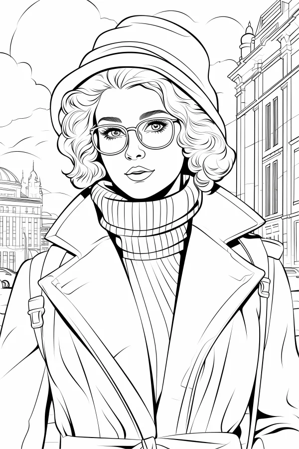 Stylish urban woman wearing wide-brimmed hat and glasses, cartoon realistic style — free printable urban life coloring book page