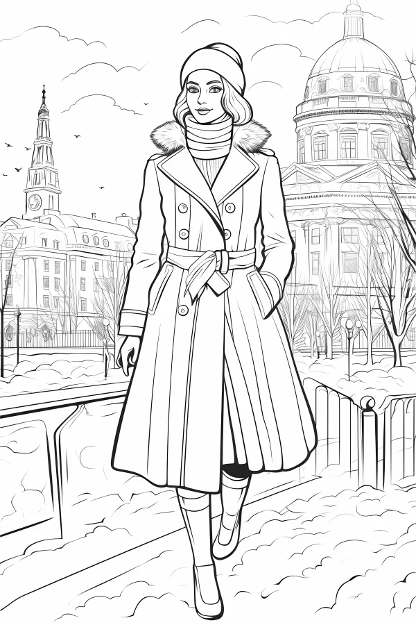 Winter urban woman in long coat and knit hat, realistic line art style — free printable urban life coloring book page