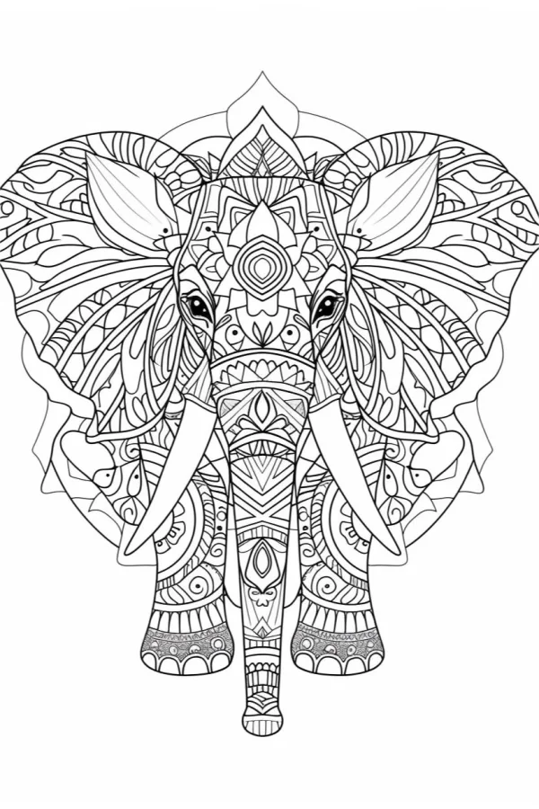 Mandala style elephant head with large ears and tusks, intricate symmetric geometric decorative patterns — free printable mandala art coloring book page